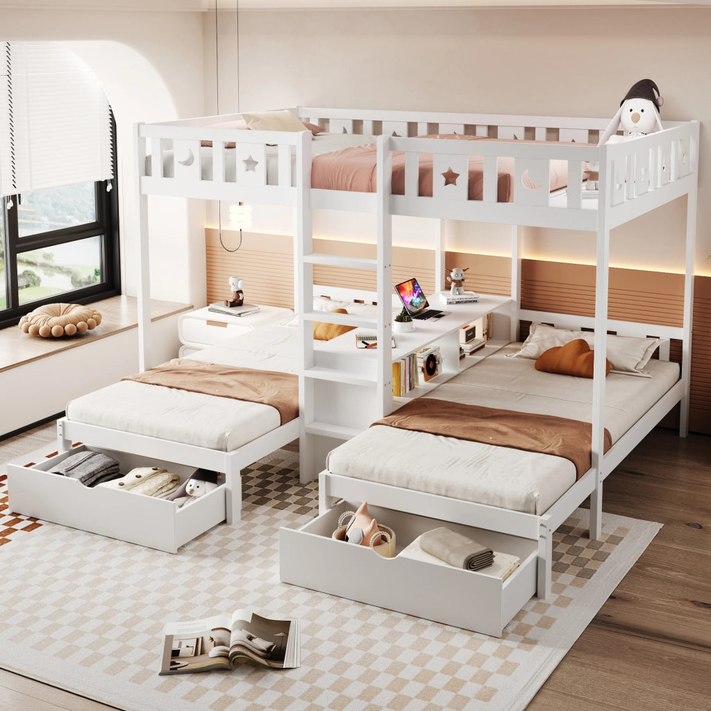 Letto a Soppalco con Scala, Cassetti e Contenitore ¨C MINIMAL ¨C Massello Bianco 90x200 / 140x200