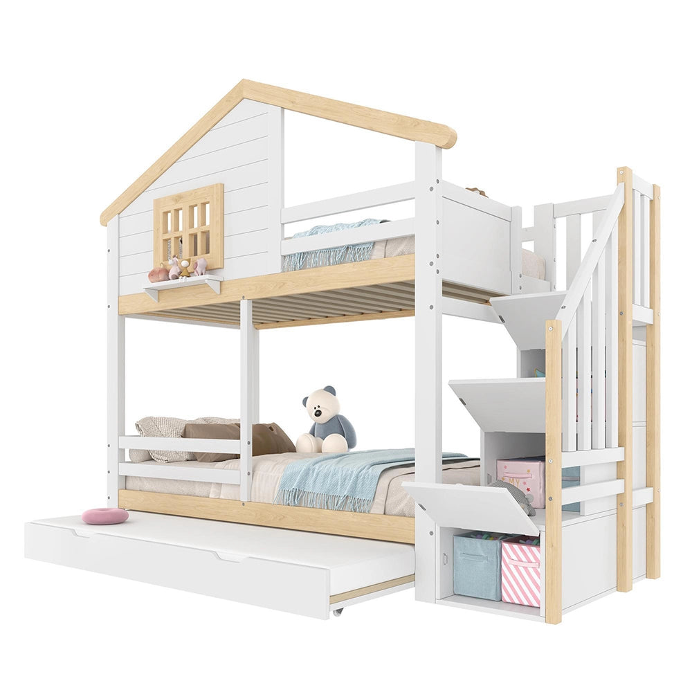 Letto a castello-Xylo-90x200cm, barriera, scala, finestra, bianco+naturale