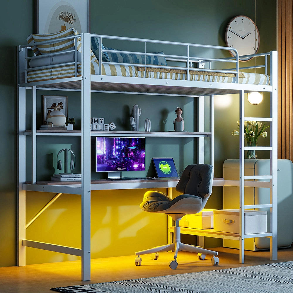Letto mezzanino 90x200cm - Xylo - bianco, USB, illuminazione RGB
