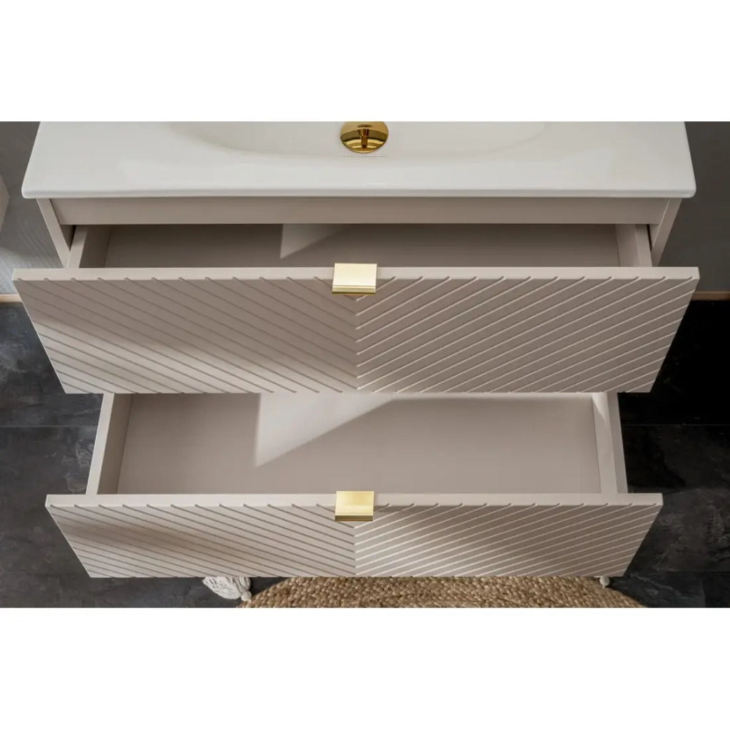 Mobile sottolavabo AOKI – 2 cassetti – Finitura beige cachemire con motivi a spina di pesce e maniglie dorate – L80 × P39 × H57 cm – Da appendere