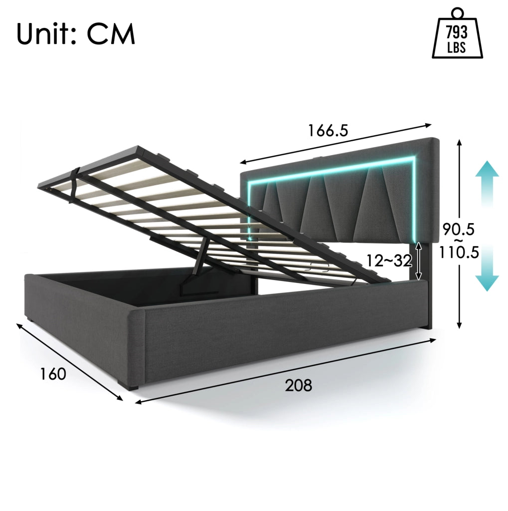 Letto imbottito 160x200 cm con LED; USB e Type-C; contenitore; materasso incluso; grigio