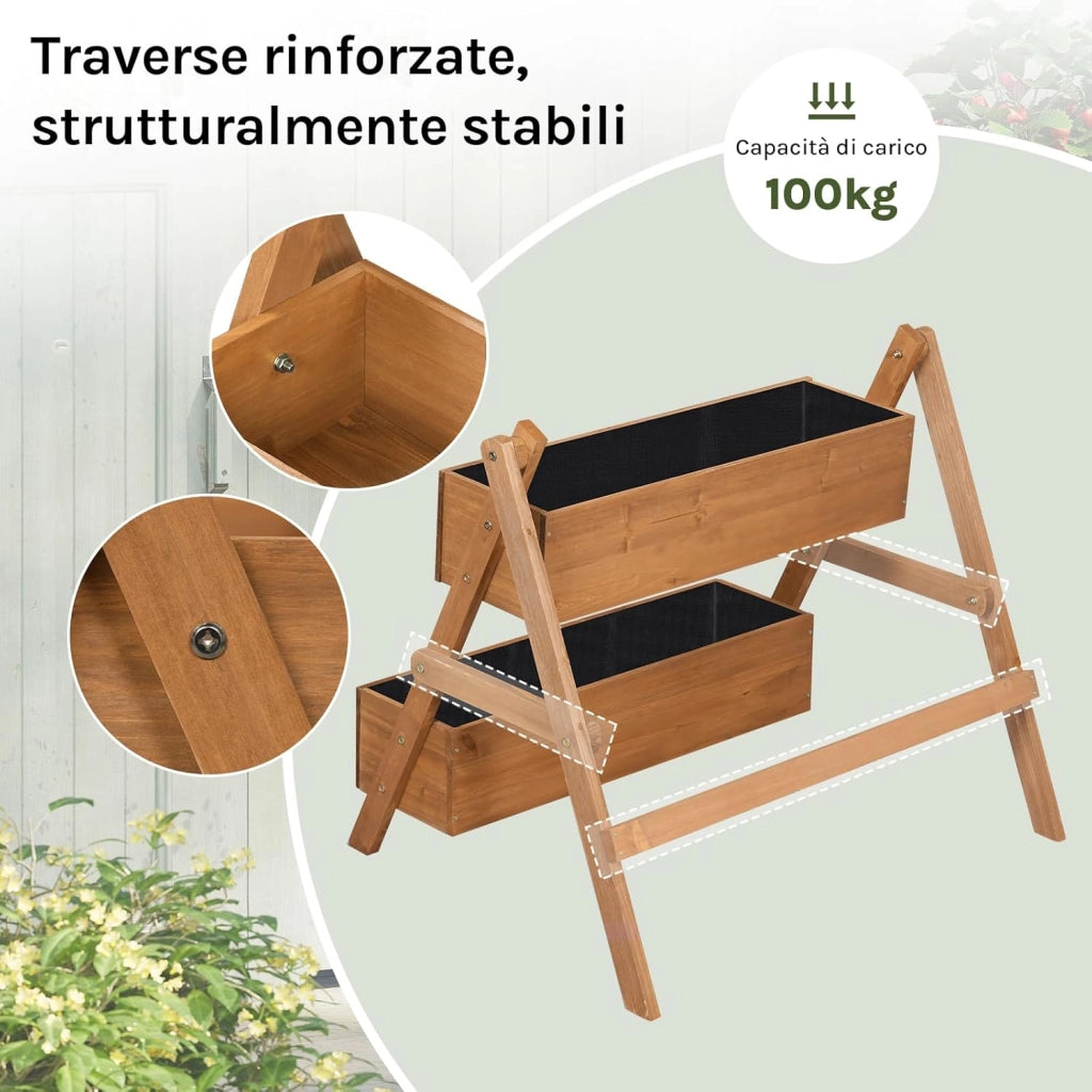 Fioriera Rialzata con Scaffale a Gradini 2 Livelli, Vasi Integrati per Piante, Ideale per Interni/Esterni su Terrazzo, Balcone e Giardino, Legno 80x62x68 cm, Marrone