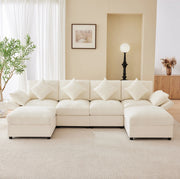Divano modulare angolare a L in chenille beige 284x156;5x86 cm con 2 pouf e cuscini