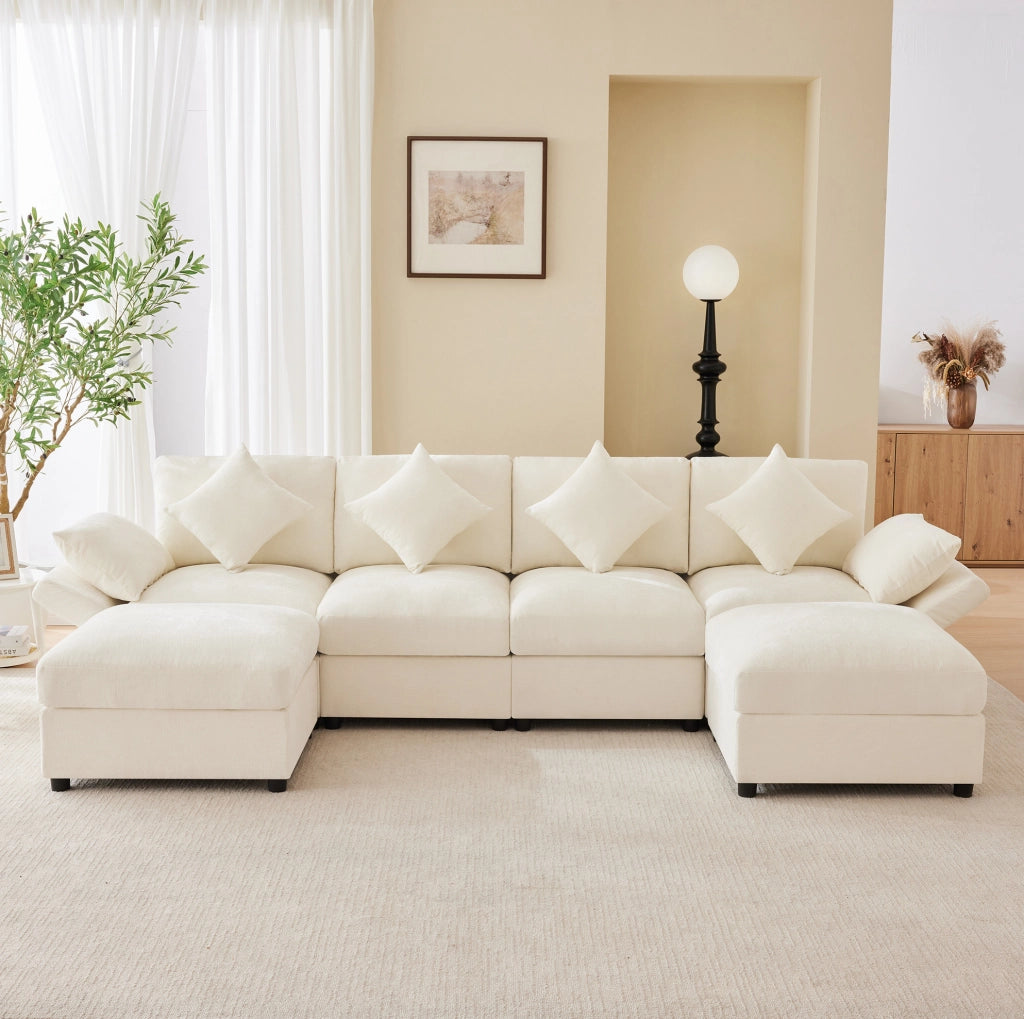 Divano modulare angolare a L in chenille beige 284x156;5x86 cm con 2 pouf e cuscini