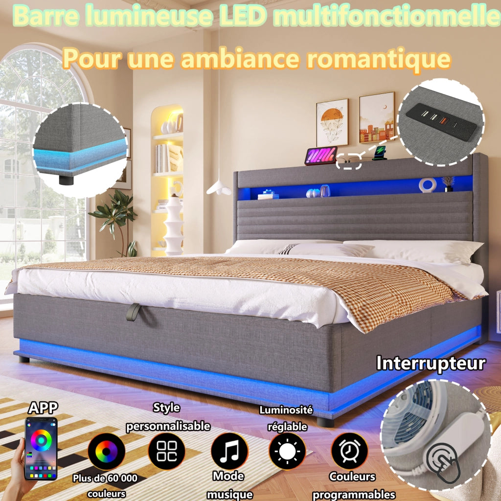 Letto Contenitore Matrimoniale 180x200 cm; USB Type-C; LED; con Rialzo Idraulico; Grigio