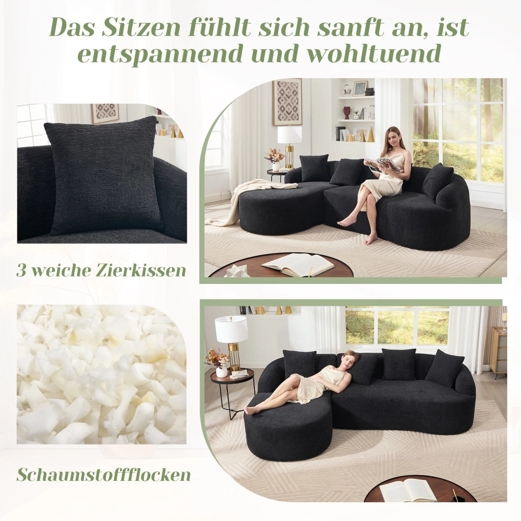 Divano modulare angolare 3 posti con chaise longue sinistra design curvo montaggio senza attrezzi in chenille nero