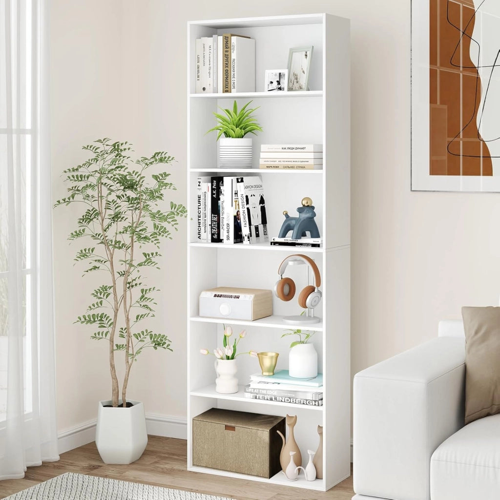 Libreria a 6 Livelli, Mobile Contenitore Aperto con 2 Kit Anti-Ribaltamento, Piedini Antiscivolo, Scaffale Moderno per Soggiorno, Camera da Letto e Ufficio, 660 x 23,5 x 178 cm (Bianco)