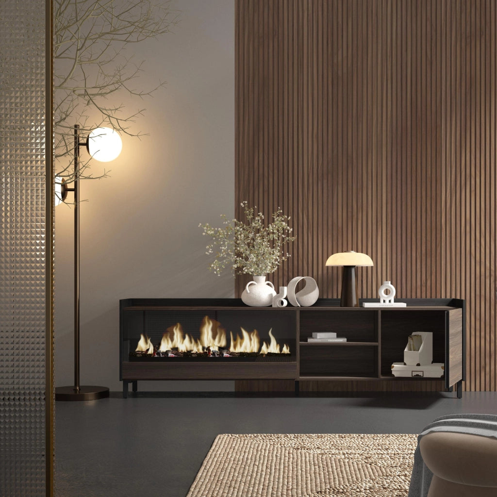 Mobile TV Soggiorno, 212x61x35 cm, Per TV fino a 80", Camino elettrico XXL, Design industriale, Rovere scuro e Nero