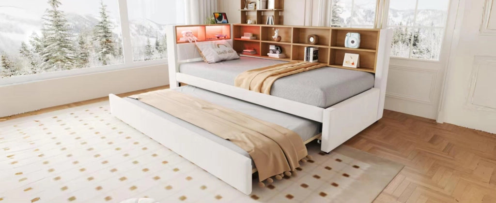 DESMIU Letto estraibile 90 × 200 cm e 90 × 190 cm 2 posti con LED, USB, Type-C e vani, senza materasso, beige