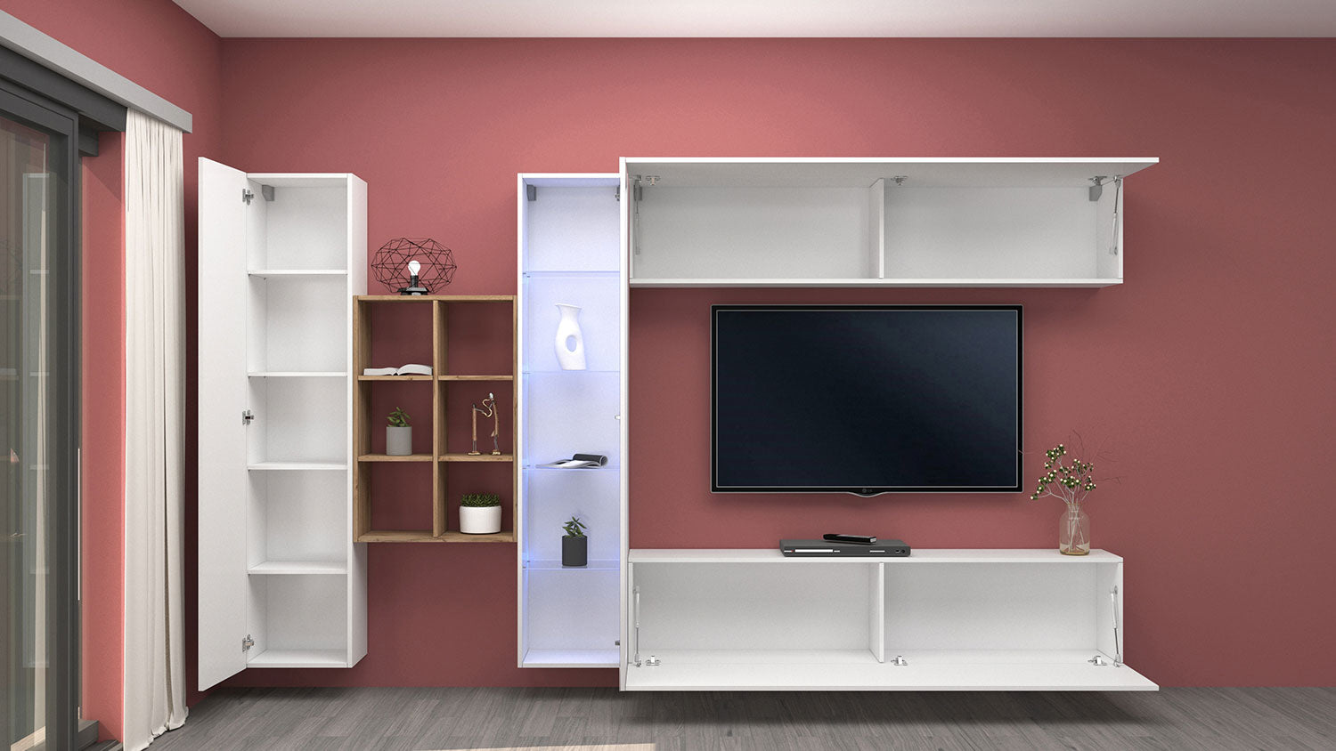 Parete Attrezzata Soggiorno 340x30x180 cm Maruska n°14 Bianco Lucido/Rovere Wotan