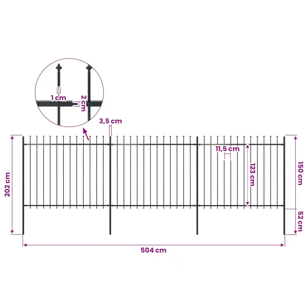 Recinzione da Giardino con Punta a Lancia in Acciaio 504x150 cm Nero 277631