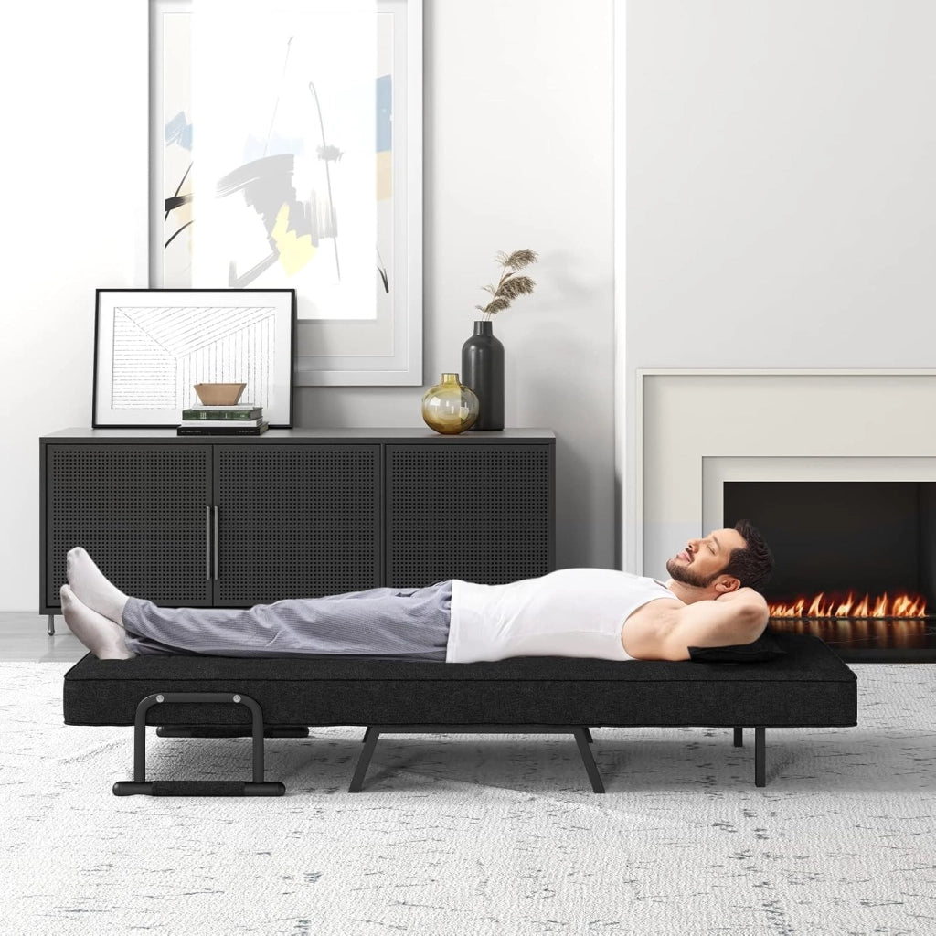 Poltrona Letto, 4 in 1 Poltroncina Pieghevole con Schienale Regolabile in 6 Posizioni, Sedile Imbottito Robusto, Divano Letto Singolo per Casa Ufficio, 79x65x79 cm (Nero)