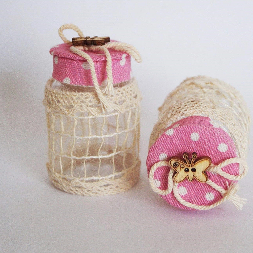 Trade Shop - Set 12 Bomboniera Bomboniere Barattolo Rosa Pois 4x6.5cm Farfalla Portaconfetti -