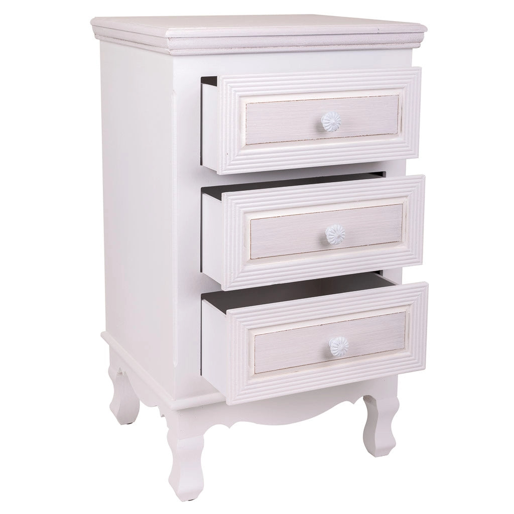 Comodino in legno con 3 cassetti bianchi 41x33,5x68.