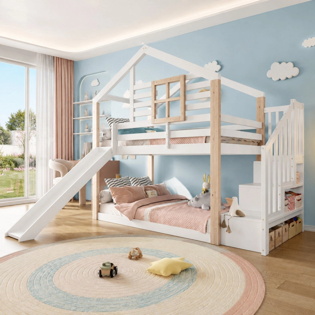 Letto a castello per bambini con scivolo e scala contenitore 90x200 cm; legno bianco