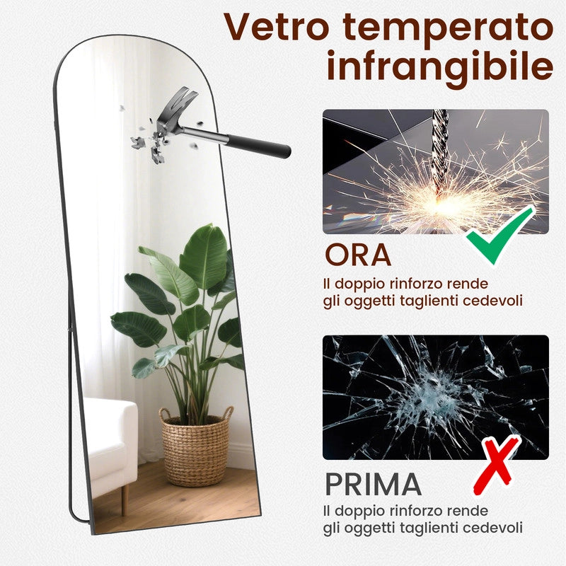 Specchio a figura intera 162 x 52 cm, specchio ad arco , specchio da terra con supporto, specchio ad arco nero a figura intera