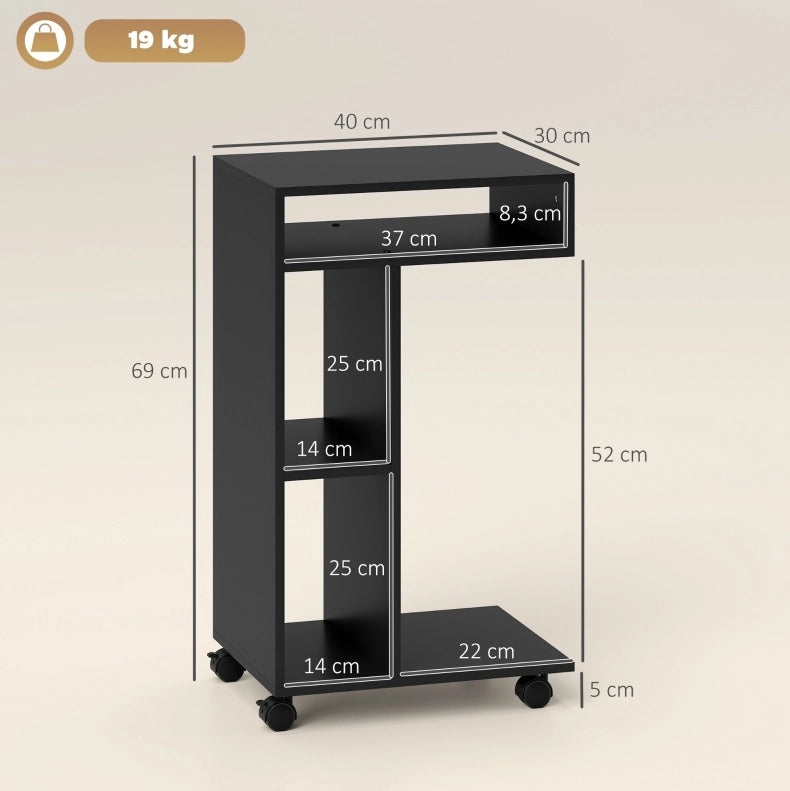 Carrello laterale nero a forma di C con 3 ripiani e 4 ruote, 40x30x69 cm