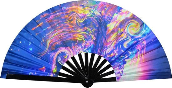 Ventilatore a Mano con Grande Velo - Manicotto in Bambù - Tessuto con Colori Vivaci - Accessorio per Festa