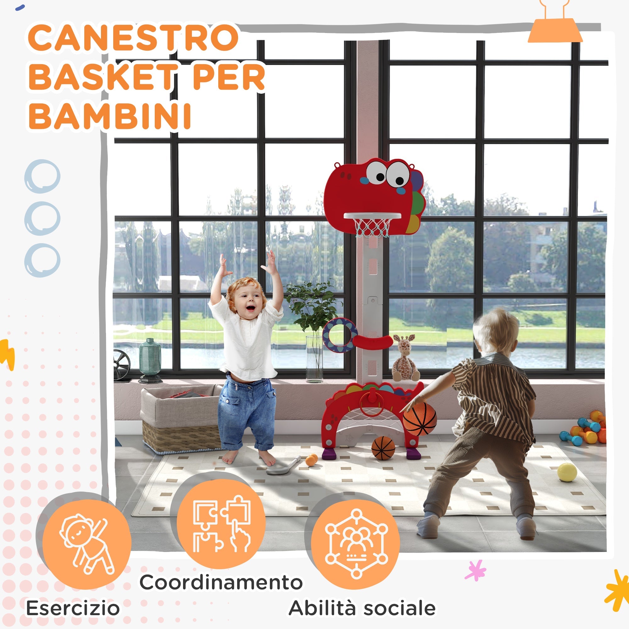 Canestro Basket per Bambini Regolabile 5 in 1 con Porta da Calcio e Golf Rosso