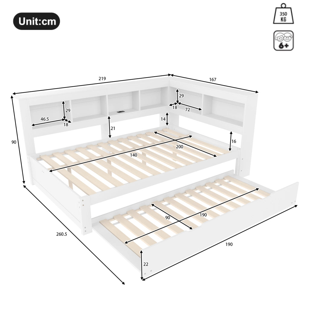 OKWISH Letto a Scomparsa 140×200 cm, Letto Matrimoniale con Letto Estraibile, 2 Cassetti, Presa e 2 USB, senza Materasso, Bianco