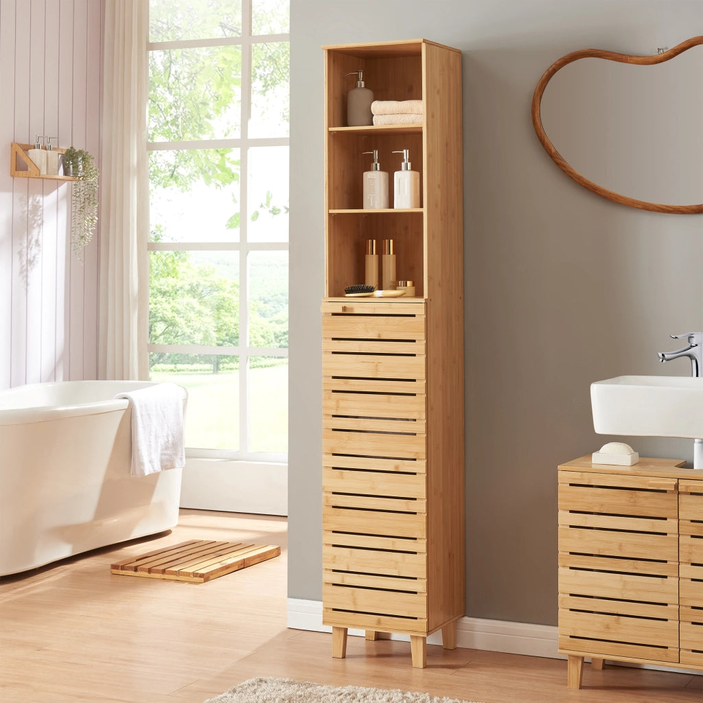 Mobile a Colonna Epind da Bagno 180 x 33 x 30 cm con Scomparti Aperti e Chiusi - Bambù Naturale [en.casa]