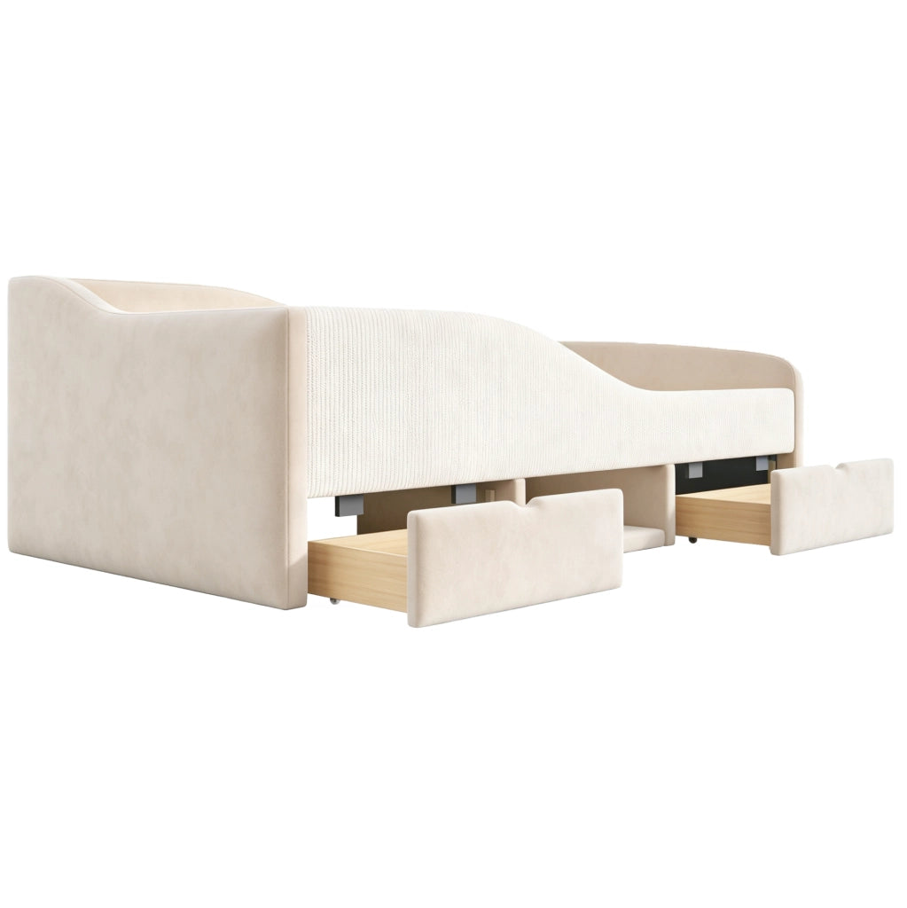 Letto imbottito per bambini 90x190 cm in velluto beige con sponde e spazio contenitivo