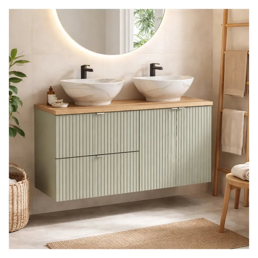 Insieme ELVINA 120cm: mobili sotto lavabo con cassetti e armadietti + piano per lavabo + due lavabi da appoggio marmorizzati