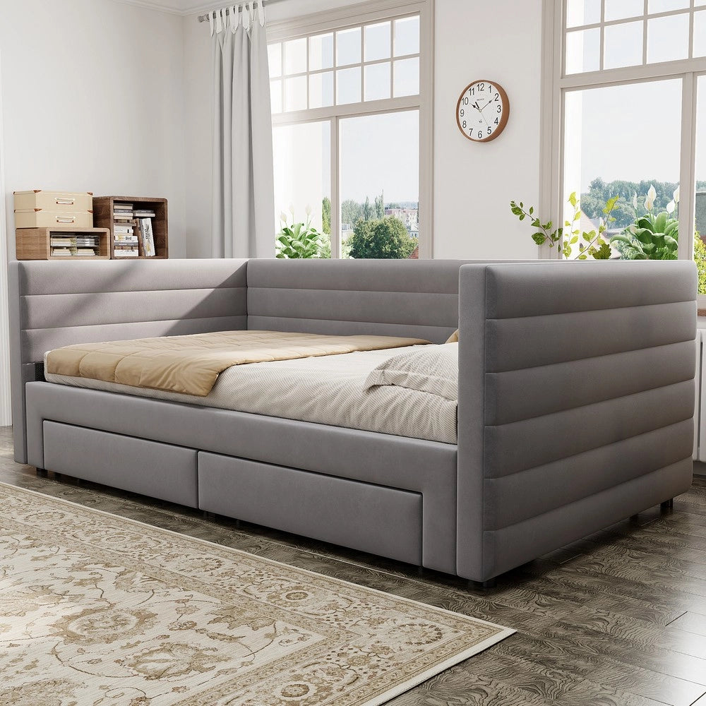 Letto Imbottito Estraibile 3 in 1 con Cassetti e Doghe ¨C MINIMAL ¨C Grigio 90x190 Cotone Lino