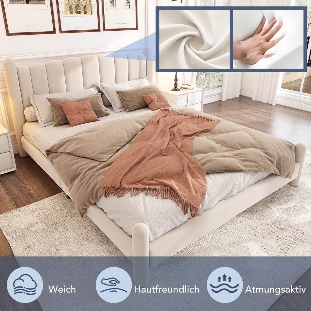 Letto imbottito 180 × 200 cm con testiera ondulata; rete a doghe; velluto beige