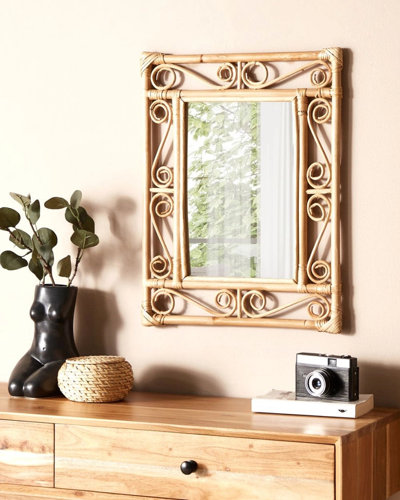 Specchio da parete in legno chiaro Rattan 41 x 52 cm Appeso Design Home Decor Rettangolare Soggiorno Corridoio Camera da letto Boho Moderno
