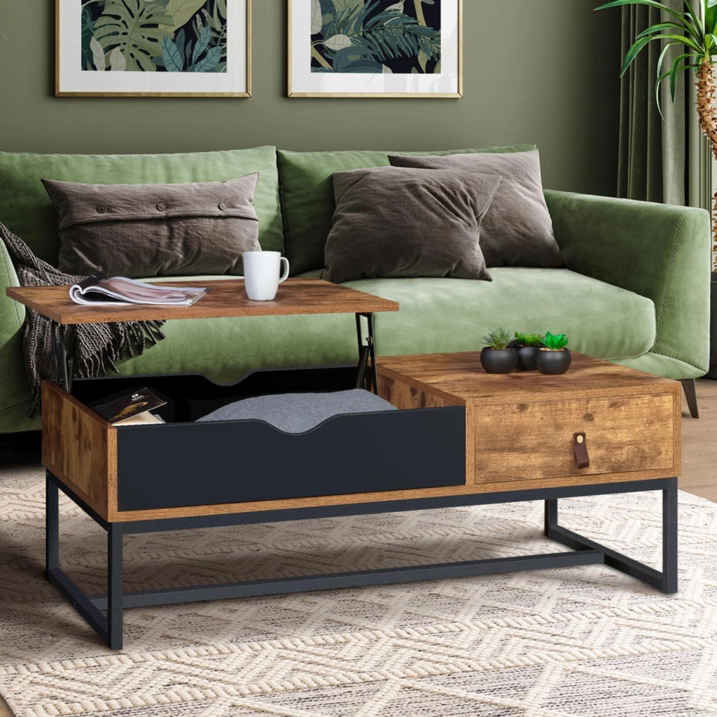 Tavolino CHICAGO con piano sollevabile, 1 cassetto, design industriale