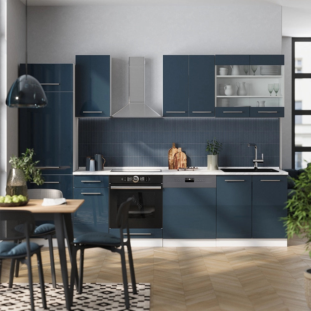Cucina componibile Fame-Line Blu scuro lucido/Bianco 300 cm, PL Marmo Vicco