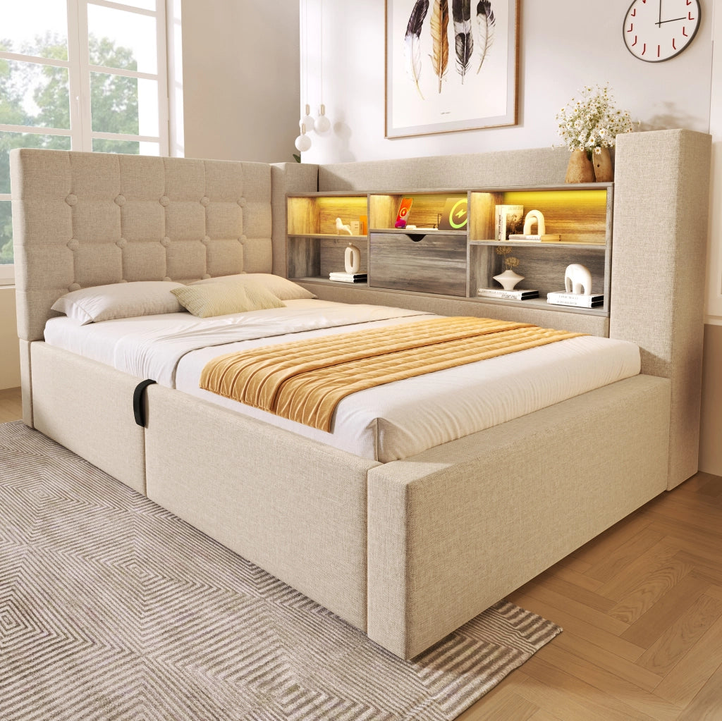Letto singolo 90x200 cm in lino beige con LED; contenitore idraulico; USB e materasso