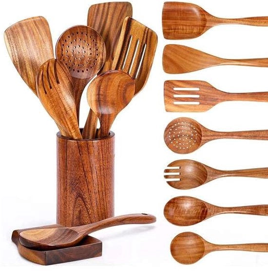 Set da cucina in legno di teak 9 pezzi, con supporto, cucchiaio in legno, spatola, cucchiaio a pale, schiuma, cucchiaio in legno per cucina, resistente al calore e pratico.