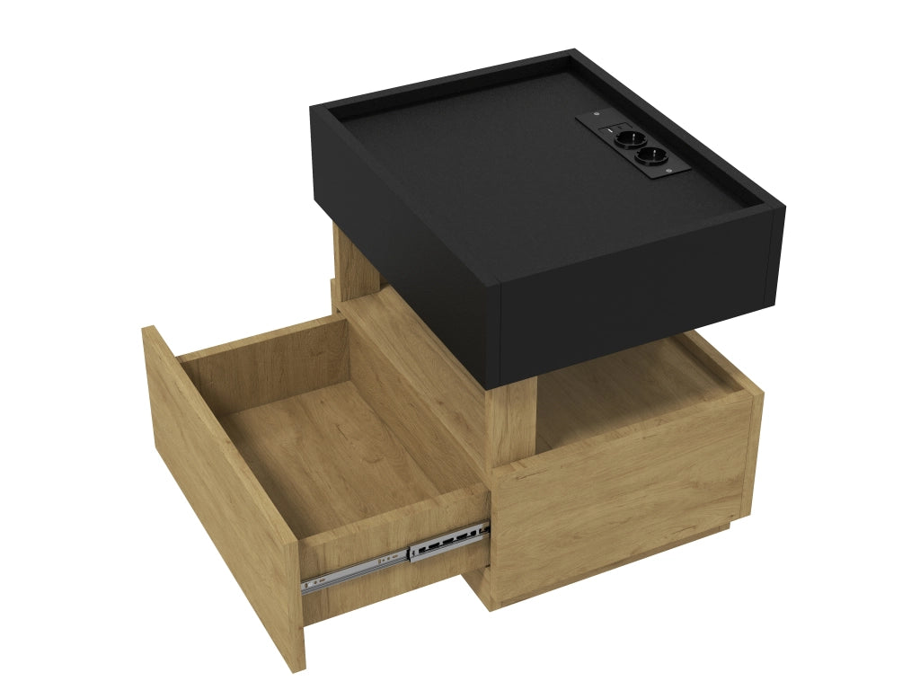 Comodino con ricarica wireless, LED e 2 cassetti per camera da letto, nero e naturale 50 × 40 × 50 cm