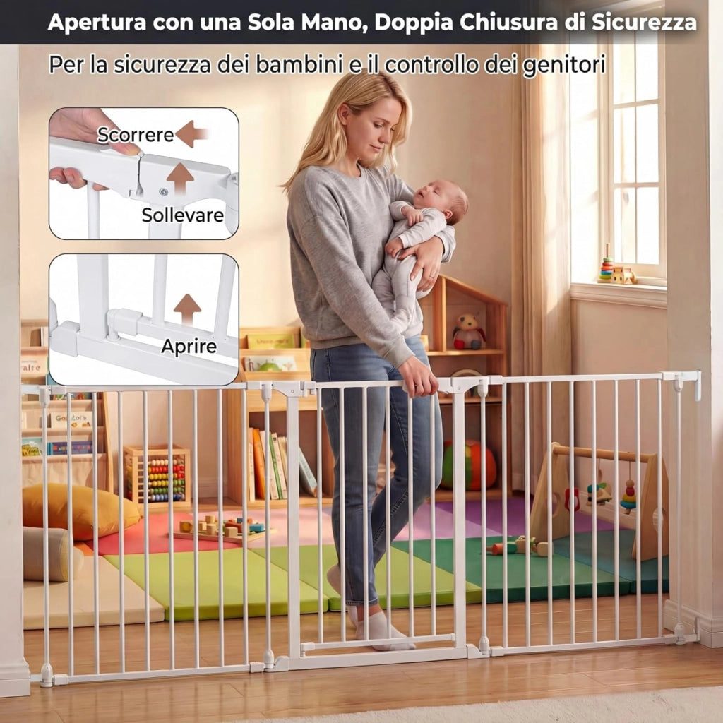 198 cm Cancelletto a 3 Pannelli per Cani, Recinzione Pieghevole in Metallo con Doppia Chiusura, Apertura Bidirezionale Cancello per Bambini e Animali, Ideale per Scala e Camino (Bianco)