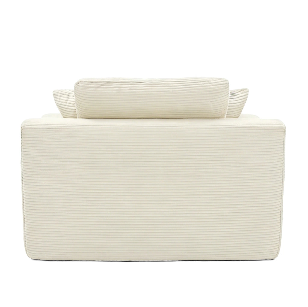 Divano in corduroy beige con tasche laterali e cuscini