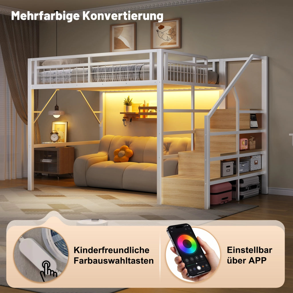 DESMIU Letto a soppalco 2 posti con scala contenitore e LED regolabile 140 × 200 cm, senza materasso, bianco