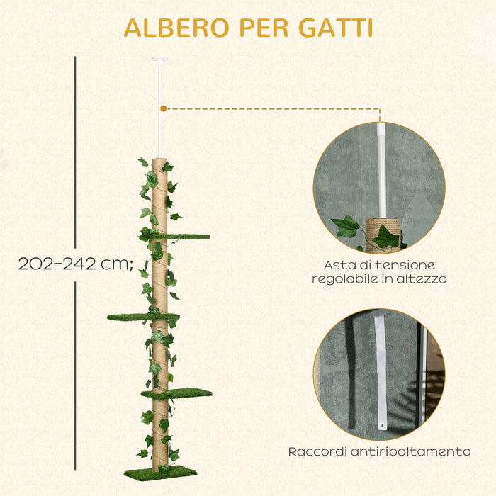 Albero Tiragraffi per Gatti Asta Regolabile a Soffitto Alto 202-242 cm Verde