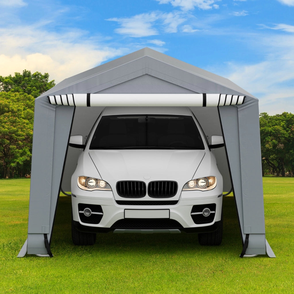 Tettoia per auto con telaio in acciaio zincato travi triangolari rinforzate, Garage portatile con porta Grigio-Accessori per veicoli