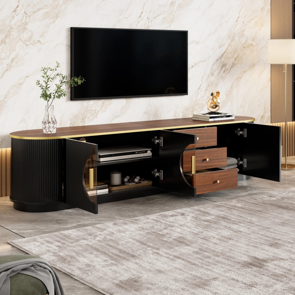 Mobile TV, ante in vetro marrone, in MDF, maniglie in metallo, finitura effetto legno, nero e marrone