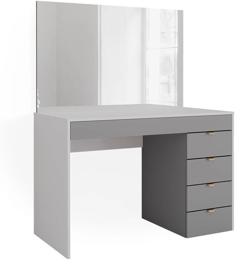 Tavolo da toeletta Elise, Bianco/grigio/grigio, 115 cm con specchio, con specchio fisso integrato per l’uso quotidiano