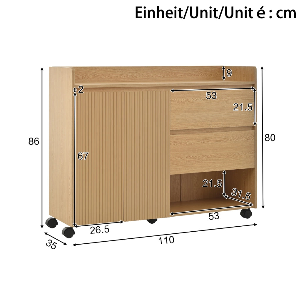 Mobile Scarpiera con 2 Ante; 2 Cassetti e Vani Aperti; con Ruote con Freno; in MDF; 110×35×86 cm; Naturale