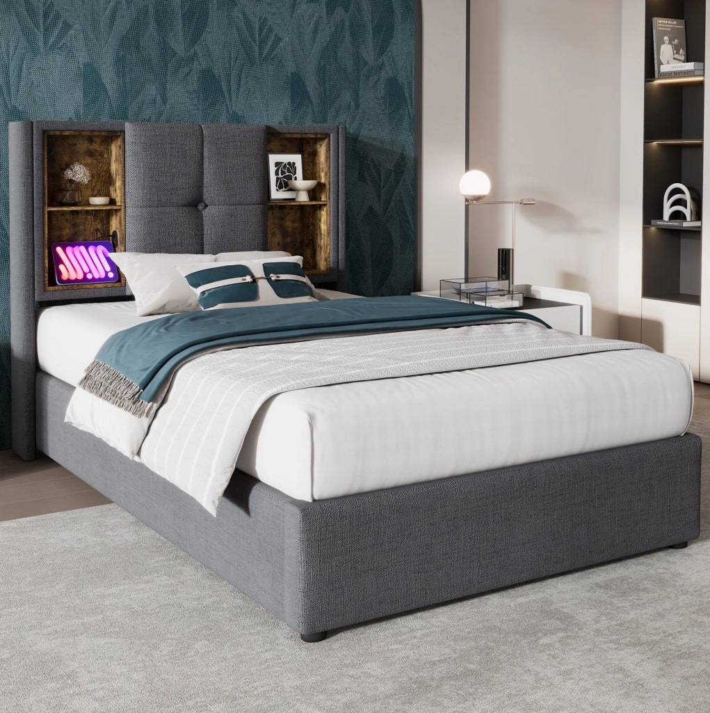 Letto singolo imbottito 90x200 cm grigio in cotone con contenitore; ricarica wireless e USB