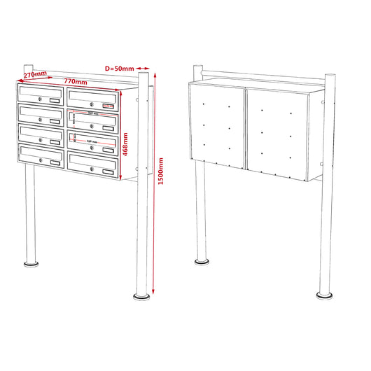 Cassetta postale condominiale autoportante 8 posti, bianco, 2 moduli 945 x 270 x 1500 mm