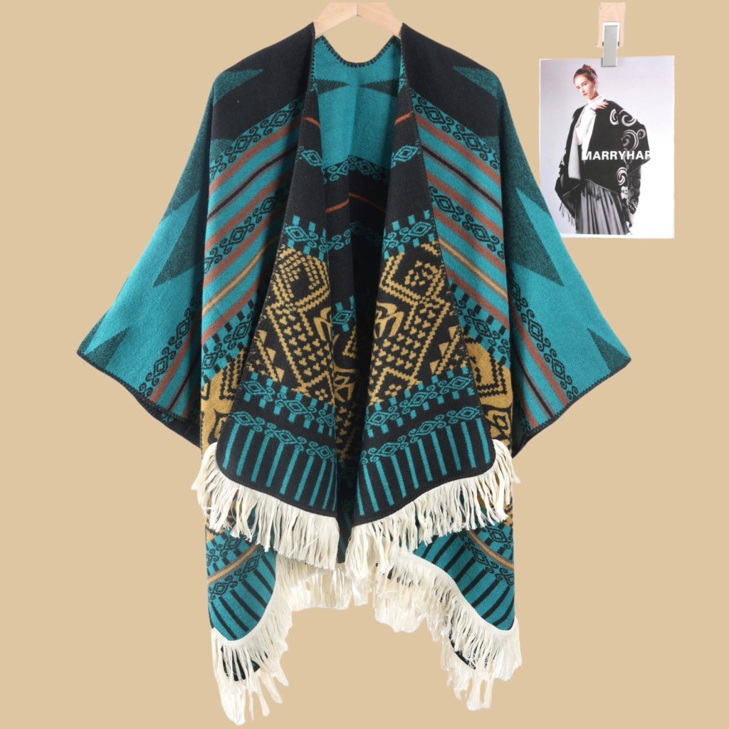 Sciarpa da viaggio da donna in stile vintage con frange, mantello esterno, cappa
