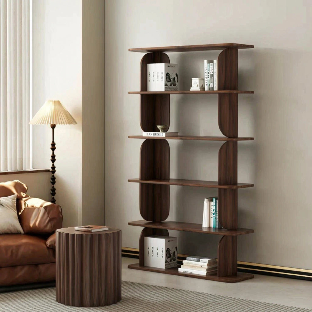 Libreria Contemporanea Con 5 Ripiani A Giorno Design Minimal In Melaminico Per Soggiorno Salotto Studio Corridoio Zona Living E Ufficio 120 X 181.5 X 34 Cm Noce