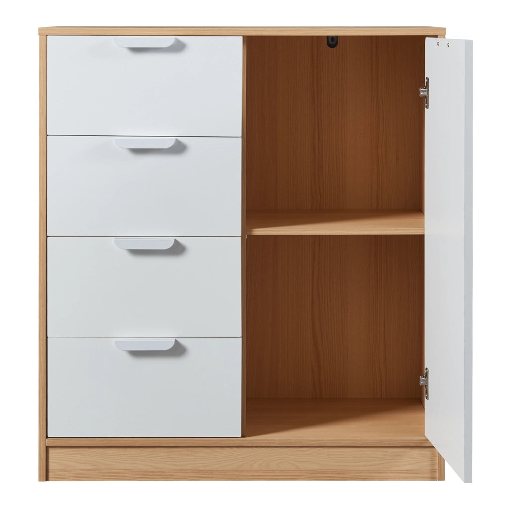 Comò Varkaus con 4 Cassetti e Anta- Effetto Rovere / Bianco [en.casa]