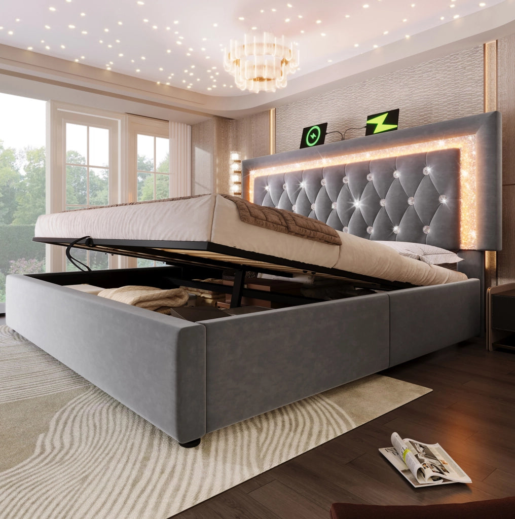 Letto matrimoniale 180x200 cm in velluto grigio con LED; USB e USB-C; contenitore idraulico