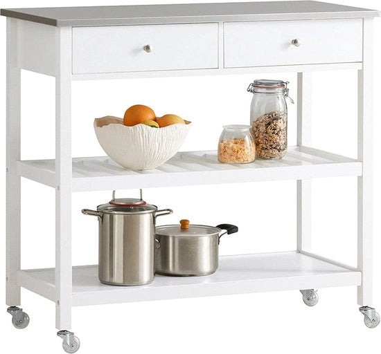 Carrello da Servizio - Trolley da Cucina con 2 Lati - Acciaio Inossidabile - MDF - Bianco - 100x45x92 cm